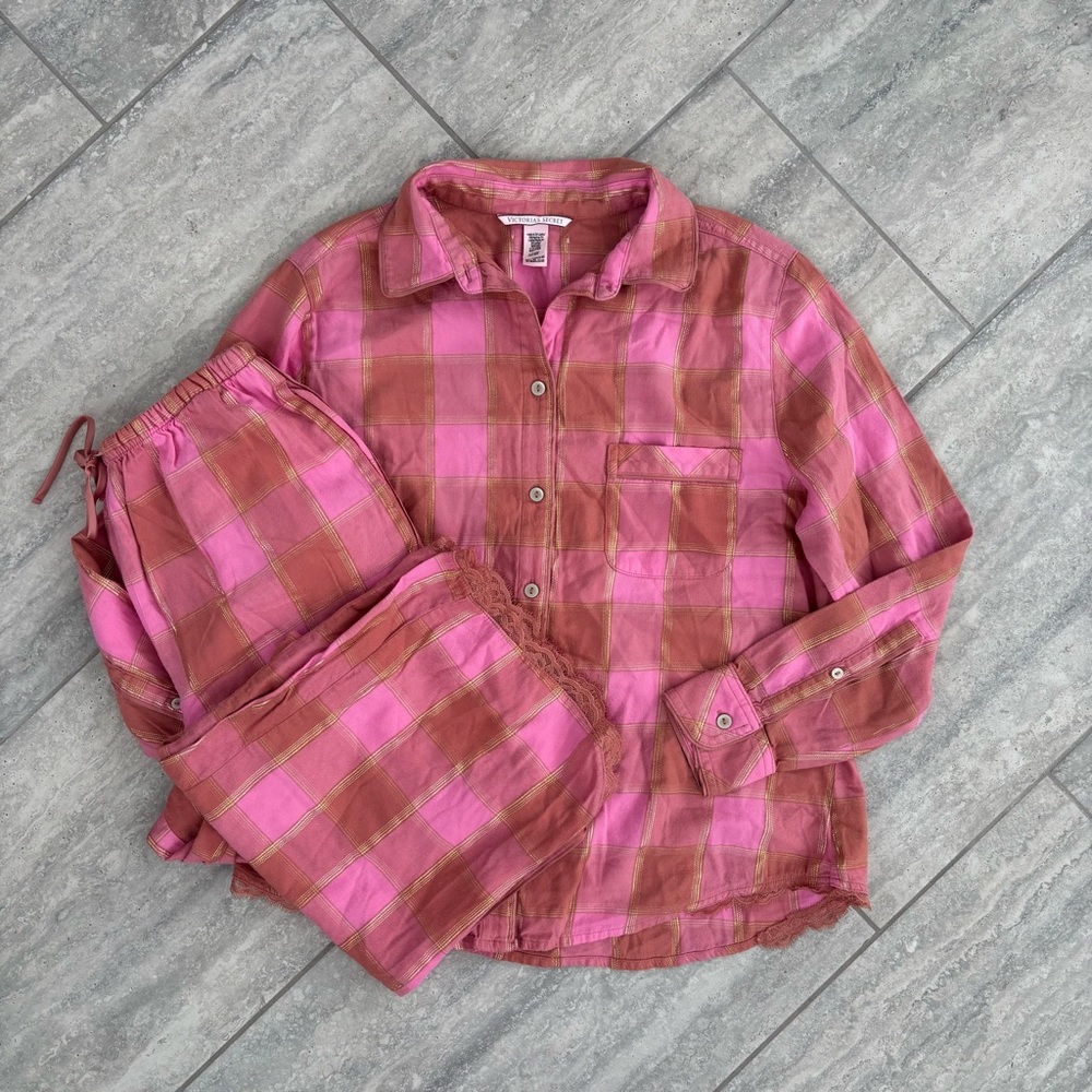 Victoria Secret Dusty Pink Gold Plaid Flannel Button Down Pajama Set Lace Trim S